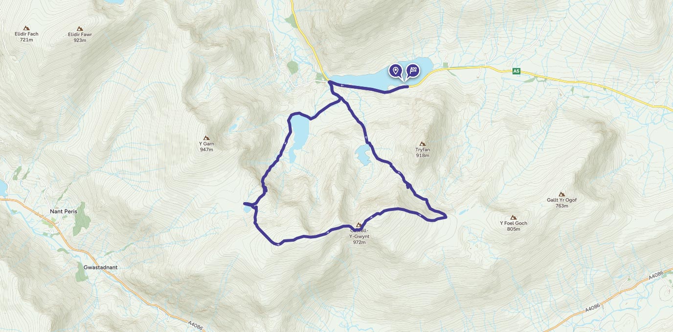 Llyn Idwal and The Glyders route map