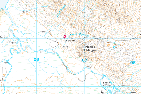 The bothy at Shenavall on OS Maps – click to open.