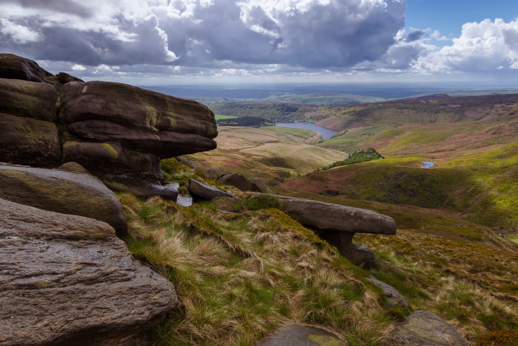 Looking down to Kinder reservoir from Kinder Scout.