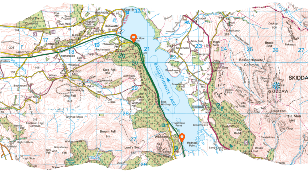 Bassenthwaite Paddleboarding launch points os map