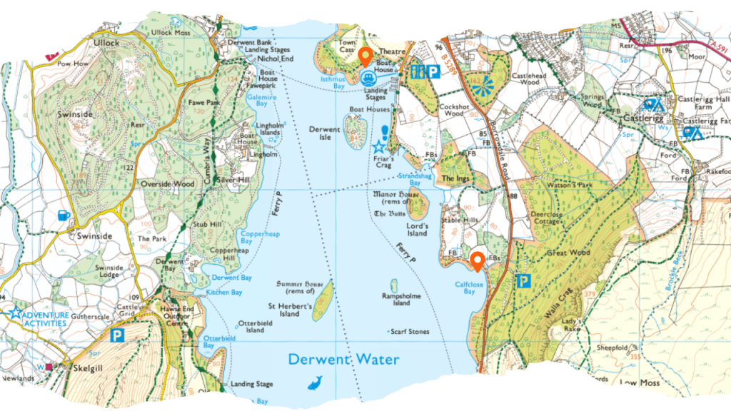 Derwent Water - Paddle Board launch Points in the Lake District Map OS