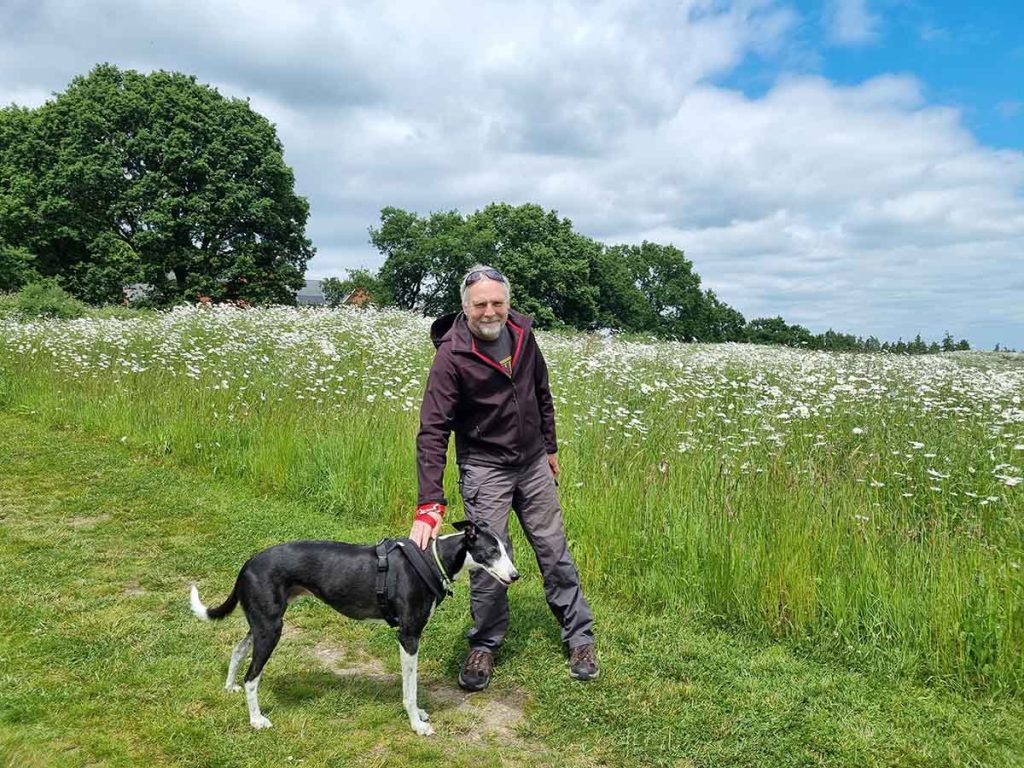 Jonathan (with Tommy the Greyhound) walking in Hampshire