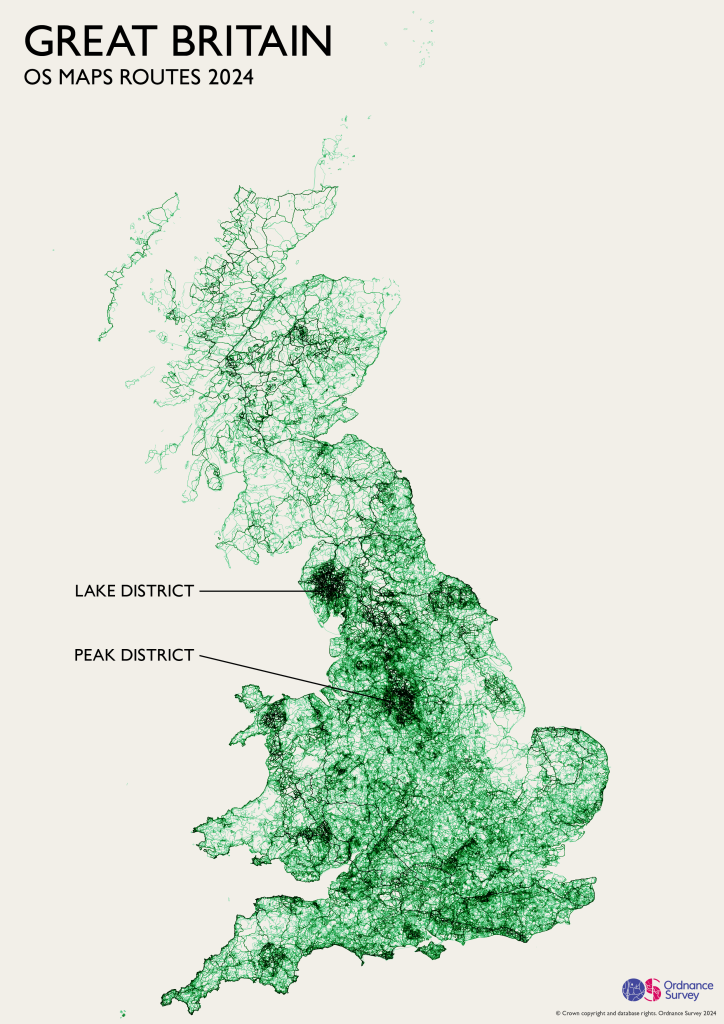 Britain overview map showing most popular routes, with Lake District and Peak District highlighted