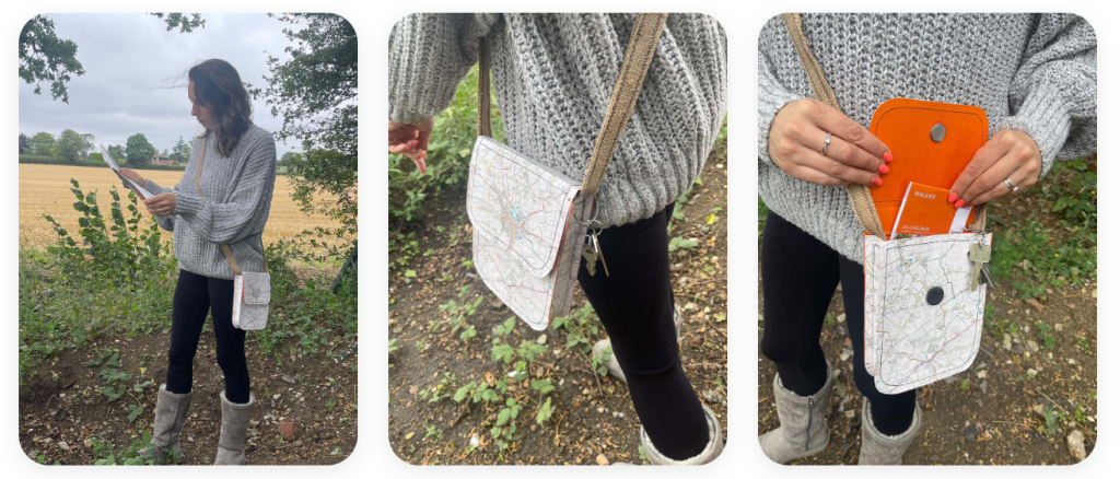 Lou Collins wearing a bag made from an old ordnance survey map