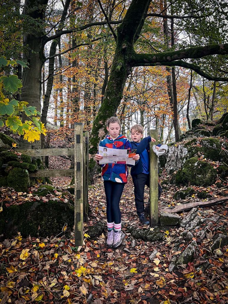 kids with a map in the woods