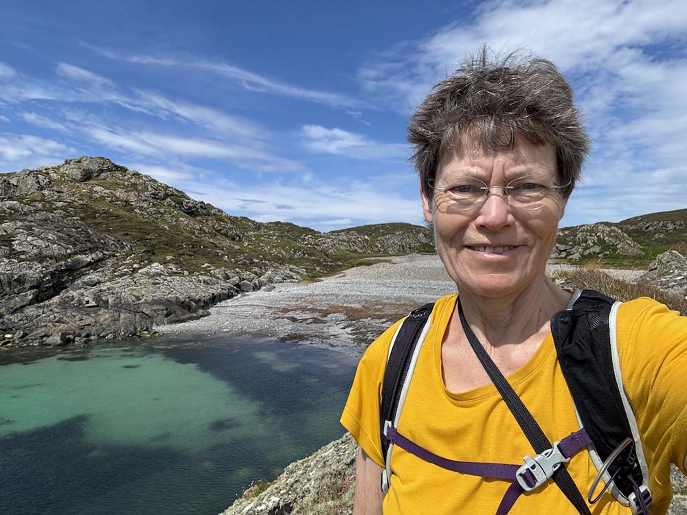 Felicity researching walks on the Isle of Iona, west Scotland