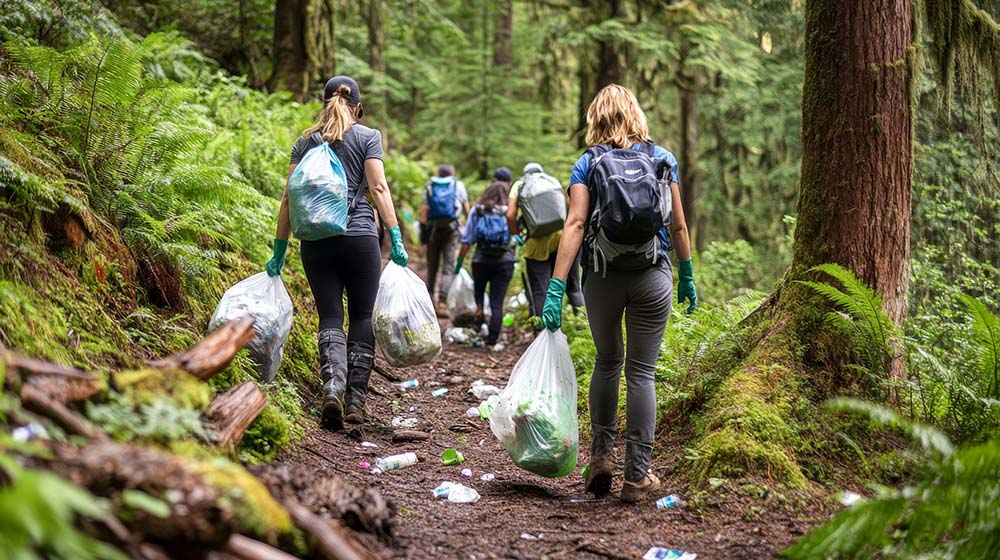 Volunteers carrying bags of trash while cleaning forest trail, promoting environmental awareness and community service.