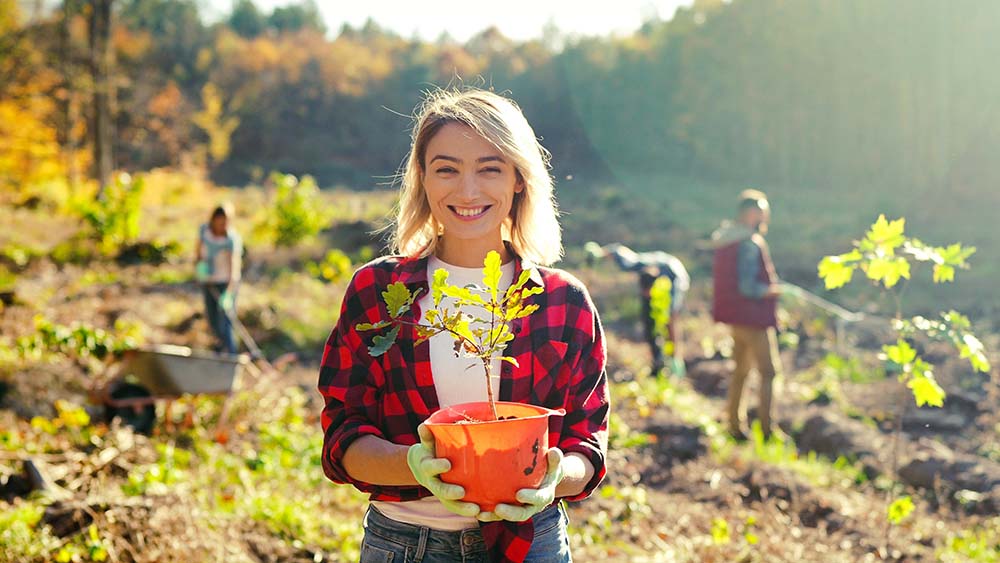 Portrait shot of blonde young beautiful Caucasian woman standing outdoor with tree seedling in pot and smiling cheerfully. Pretty female eco activist working against deforestation. Gardening.