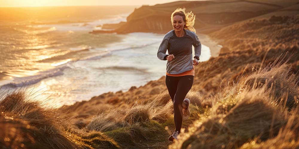 Woman jogging on coastal path at sunrise, promoting exercise and a healthy lifestyle