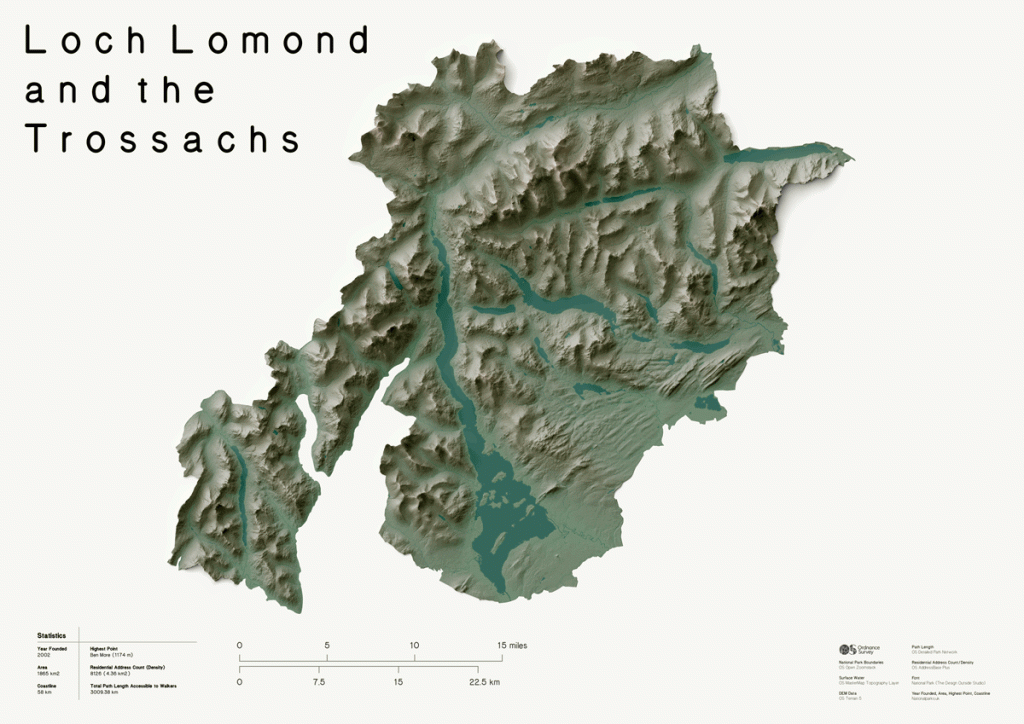 3D Relief Map of Loch Lomond and the Trossachs National Park