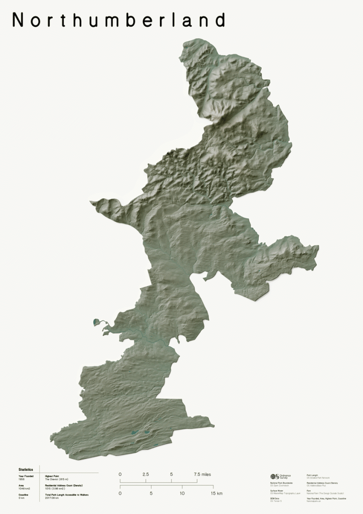 3D Relief Map of Northumberland National Park