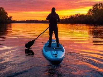 person using a paddleboard on a lake at sunset