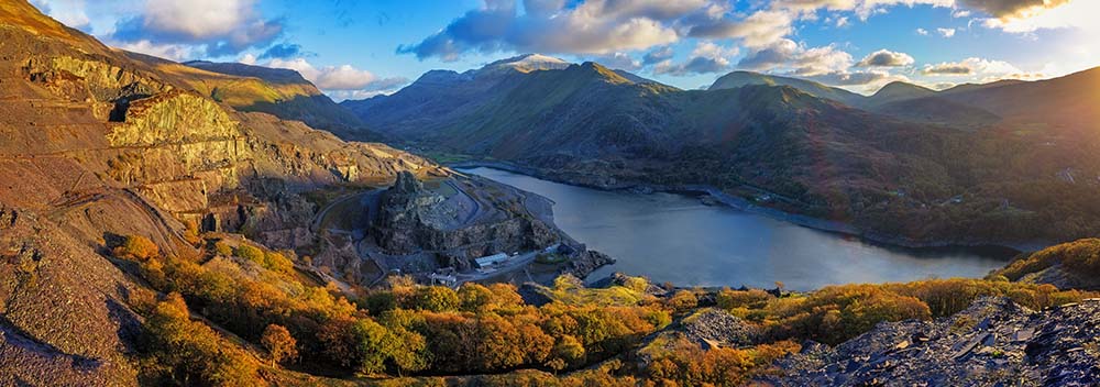 Panorama of Llyn Padarn and Llanberis and yr wyddfa
