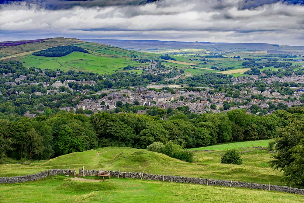 Aerial landscape view of Buxton, Derbyshire.