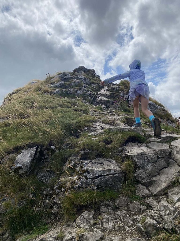 scrambling up the path on chrome hill