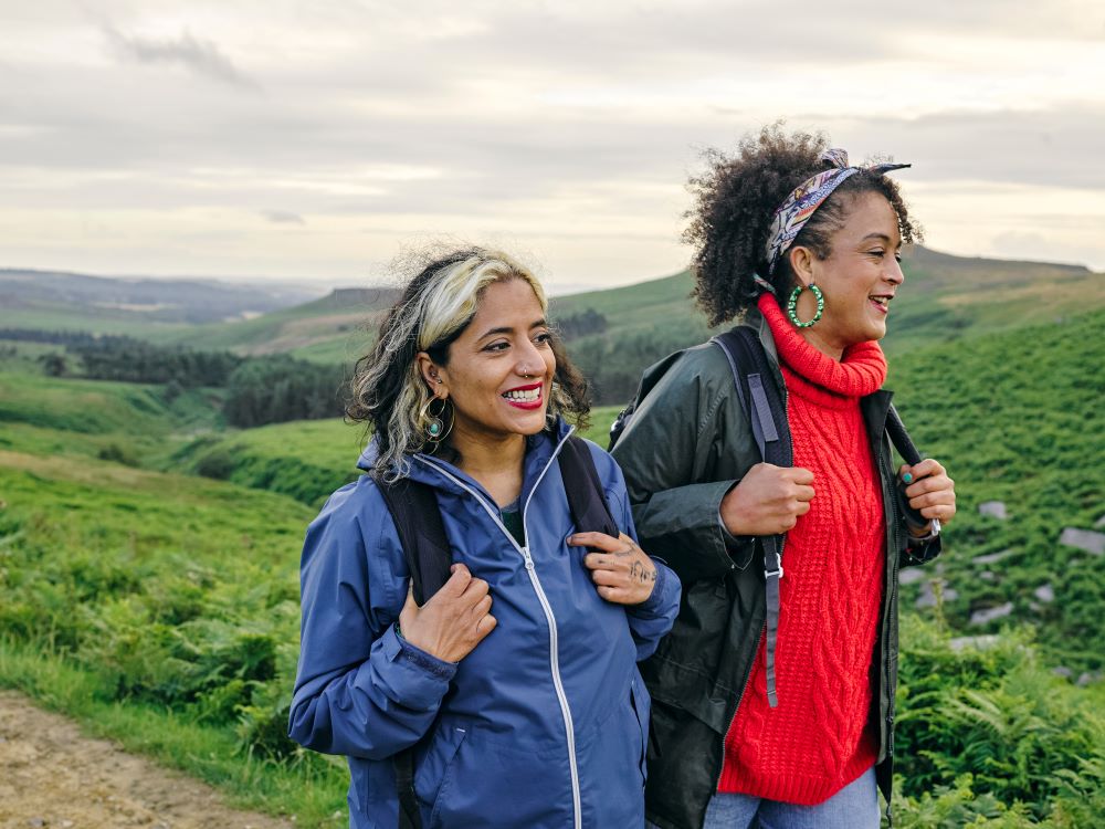 women walking in the hills
