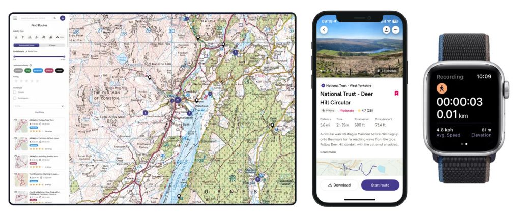 OS Maps app on Tablet, smartphone and smartwatch