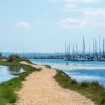 The Solent Way footpath with yachts in the distance and woodland to the left