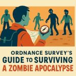 a cartoon image of a man with compass and map with zombies all around him