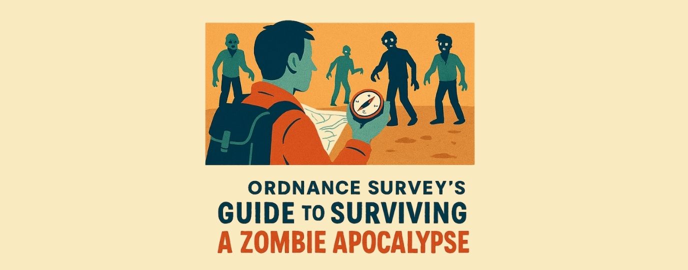 a cartoon image of a man with compass and map with zombies all around him