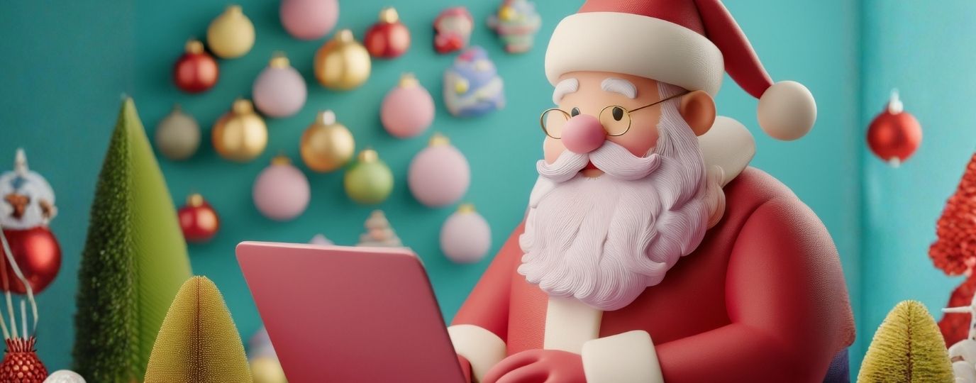 Father Christmas planning his route on a laptop