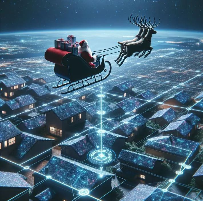 father christmas in his sleigh over roof tops