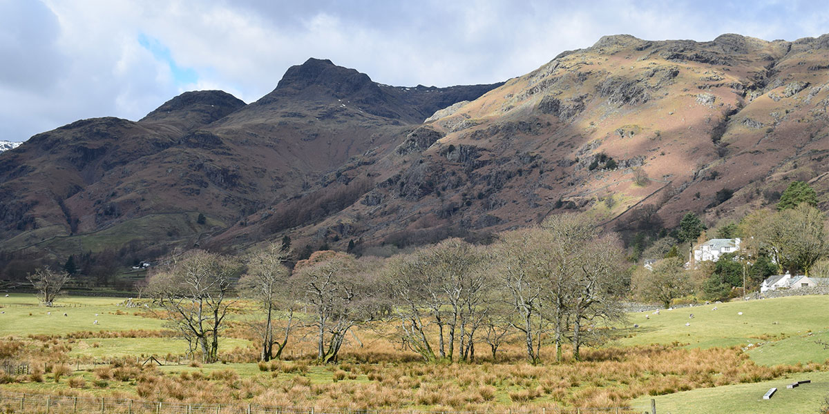 Views of the Langdale Pikes on drive to start of walk