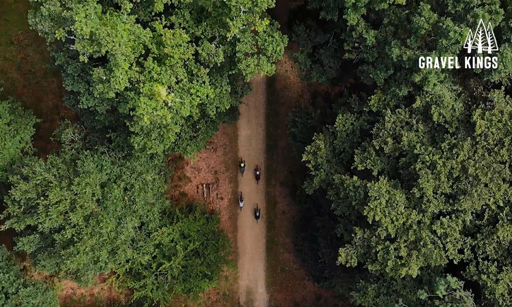 Ariel view of gravel cyclists  
