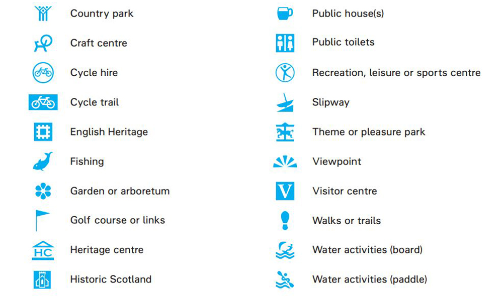 Map symbols for tourist and leisure information