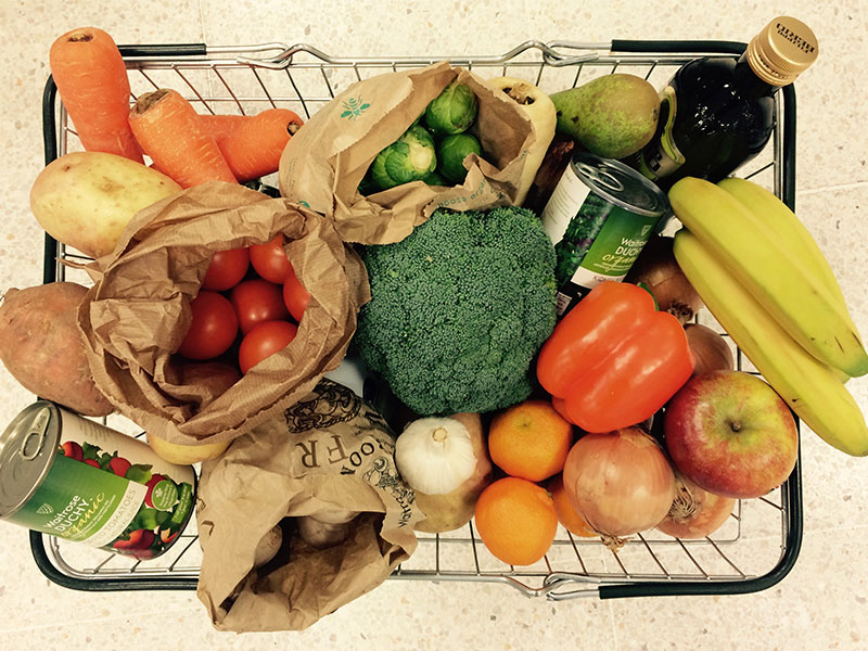 Fruit and veg in shopping basket - no plastic packaging