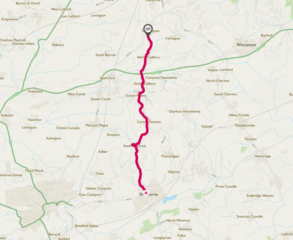 Route map: Sherborne to Cadbury Castle​