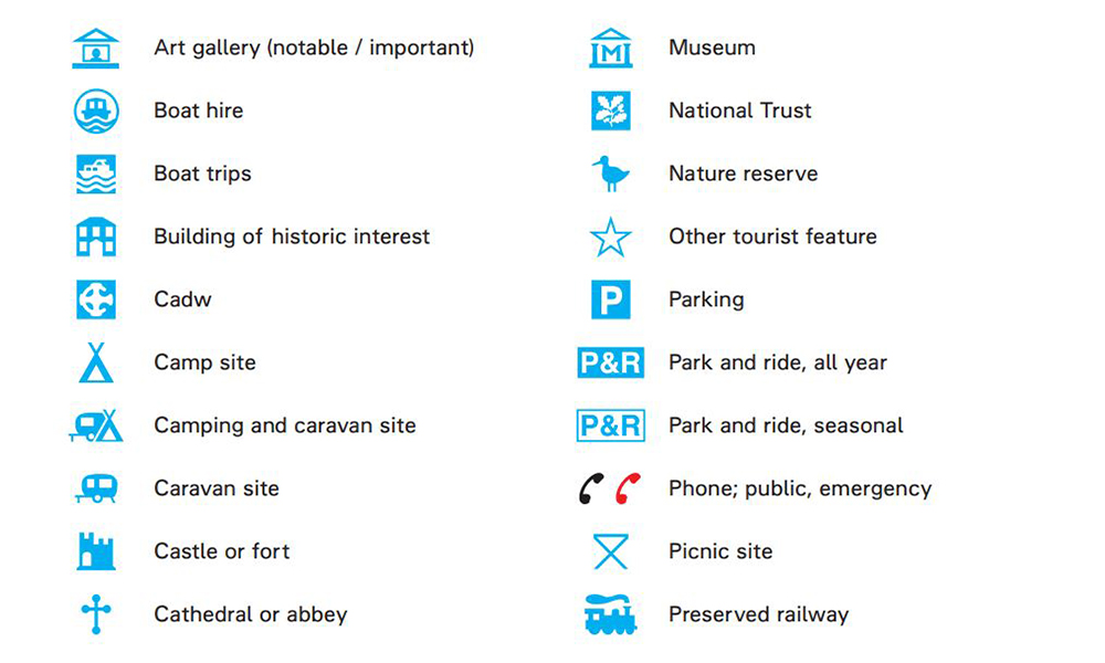 Map symbols for tourist and leisure information