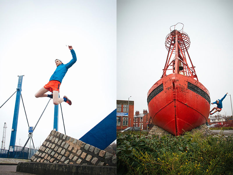 Rory jumping high on his running route around Preston Docks