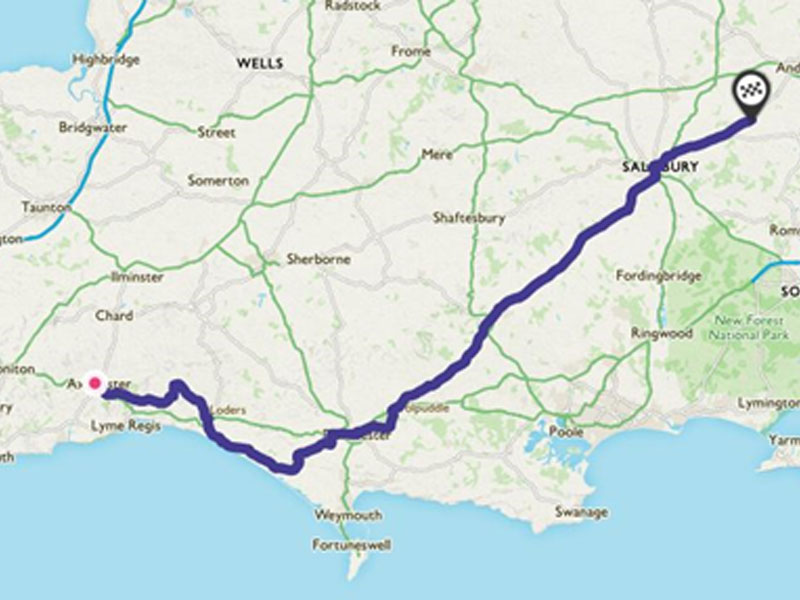 Axminster to Salisbury route map