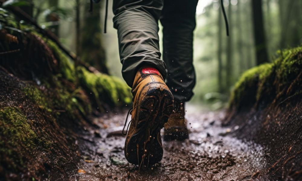 Close-up of a person wearing walking boots on a muddy path